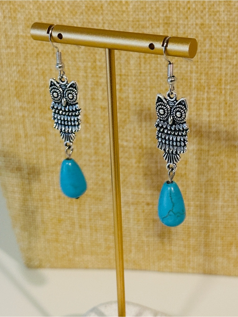 Fashion Jewelry Turquoise Teardrop Owl Dangle Earrings - Silver Tone